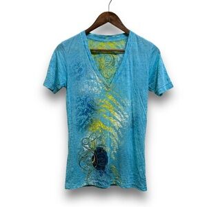 Vintage Sinful Women's All Over Print V‎ Neck Shirt Lightweight Medium 17 x 27